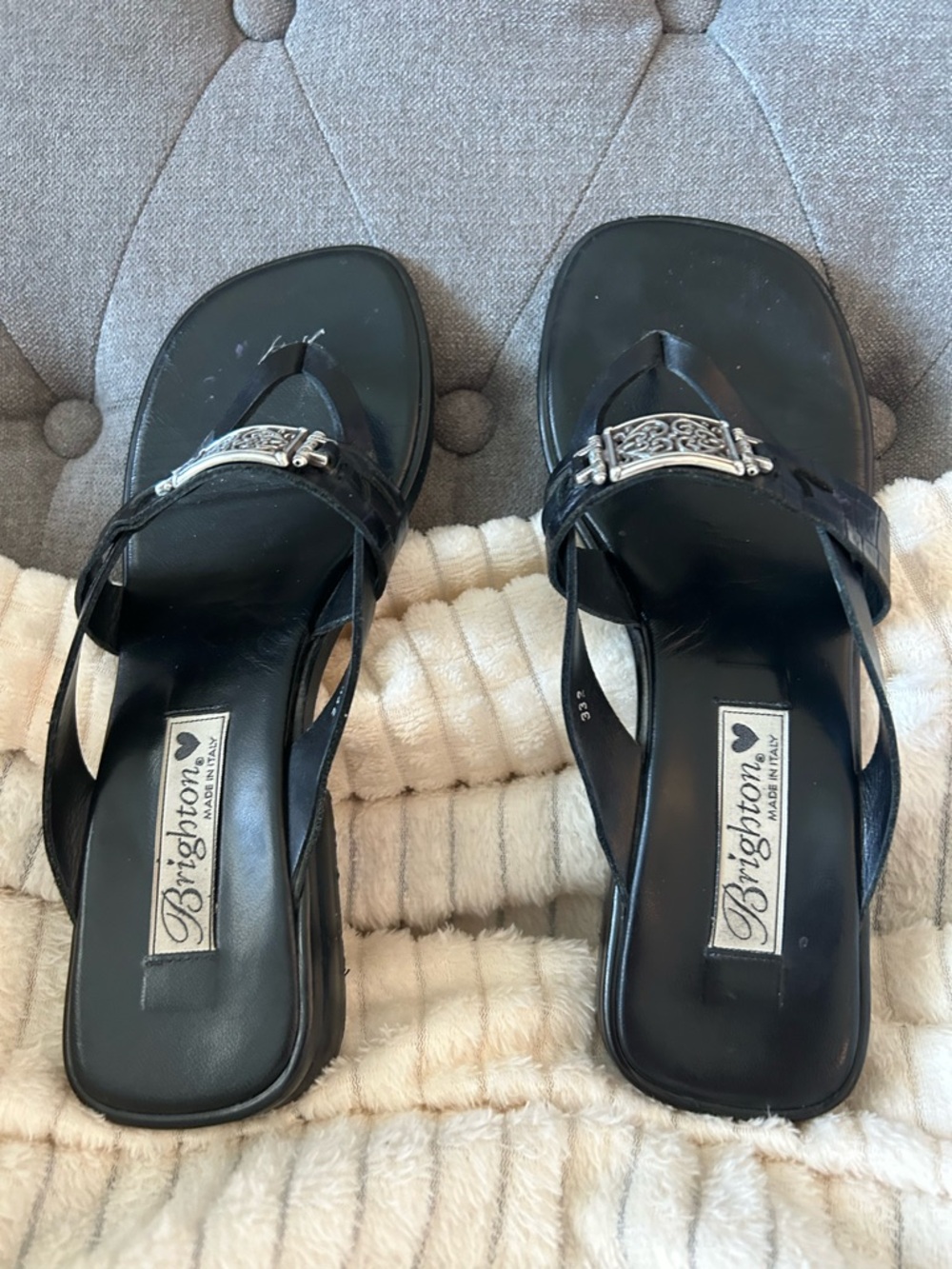 Brighton Black Leather Thong Sandals with Silver Accent